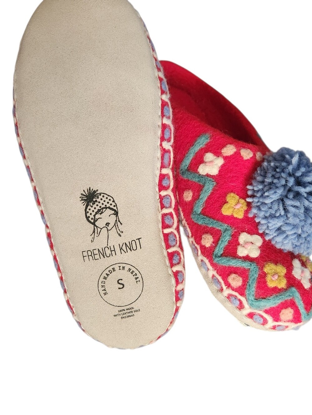 Cottagecore French Knot Lena Handcrafted Red Wool Pom-Pom Slippers - Picture 3 of 3